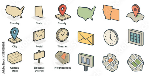 Geography and mapping icons set – isometric, location, cartography symbols