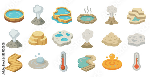 Geothermal hot springs isometric icons set – 3d, spa, wellness symbols