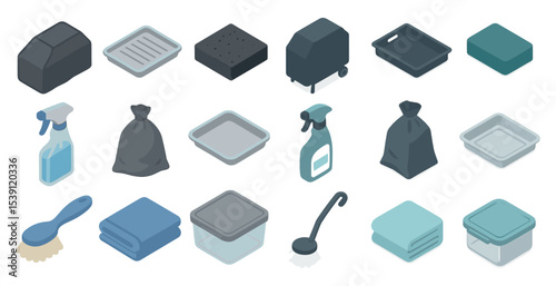 Cleaning and household icons set – isometric style, domestic tools and supplies