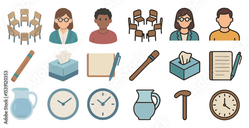 Office and meeting outline icons set – line, flat, business and workspace symbols