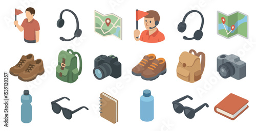 Travel and tourism isometric icons set – 3d, map, vacation and trip symbols