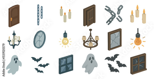 Halloween haunted house 3d icons set – spooky, ghost, scary decoration symbols