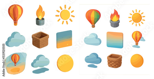 Weather elements icons set – isometric, 3d, climate and forecast symbols