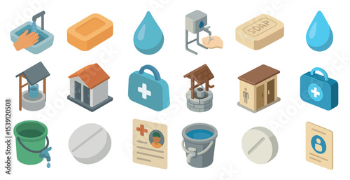 Clean water solutions isometric icons set – hygiene, sanitation, water safety symbols