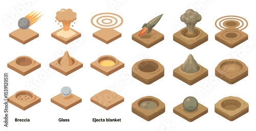 Asteroid impact isometric icons set – meteor, crater formation, space exploration