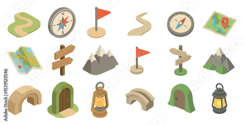Navigation and hiking icons set – isometric, map, adventure symbols