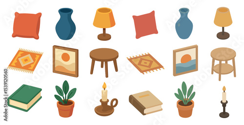 Home decor isometric icons set – furniture, interior design elements