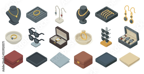 Jewelry and accessories isometric icons set – elegant, luxury, fashion tools