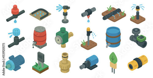 Gardening and irrigation icons set – isometric, filled, agriculture, farming tools