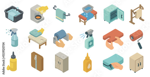 Household and cleaning isometric icons set – tools, hygiene, everyday essentials
