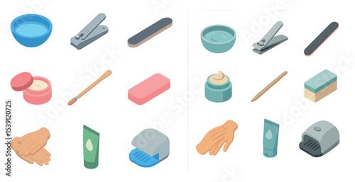 Manicure and pedicure isometric icons set – 3d, spa, nail care tools collection