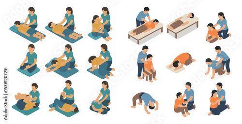 Massage therapy isometric icons set – healing, relaxation, wellness symbols