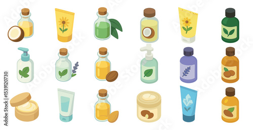 Natural cosmetics isometric icons set – beauty, skincare, organic product symbols