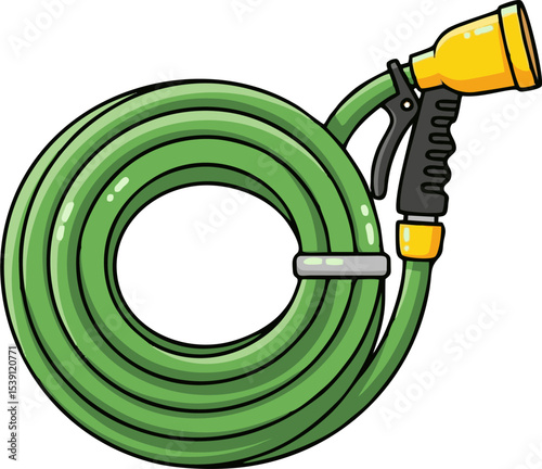 Coiled Green Garden Hose with Yellow Nozzle