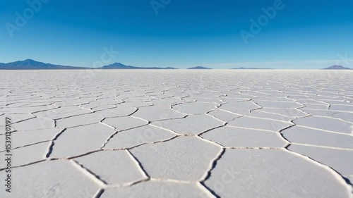 Vast Salt Flat Under Clear Blue Sky with Mountains