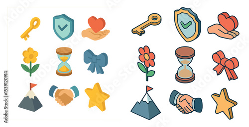 Success and achievement icons set – flat, filled, motivation and goal symbols