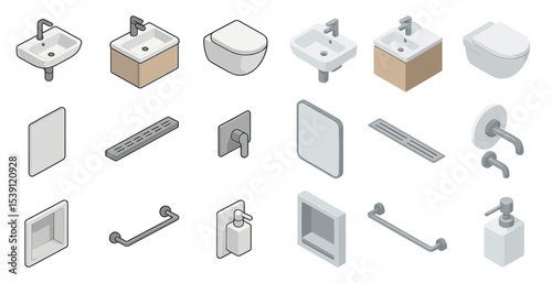 Bathroom utilities isometric icons set – sanitation, fixtures, plumbing graphics