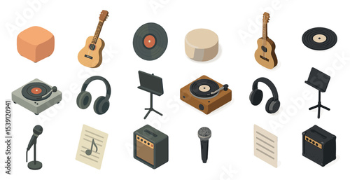 Music and entertainment icons set – isometric, filled, audio and instrument symbols