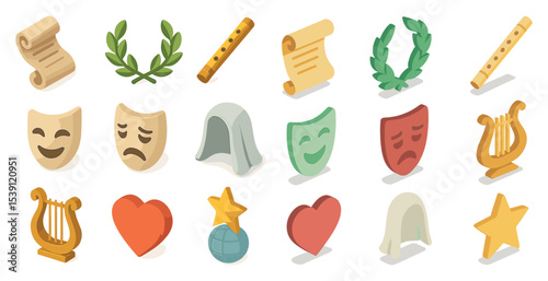 Theater and culture isometric icons set – 3d, performance, art symbols