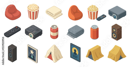 Home theater isometric icons set – entertainment, movies, audio essentials