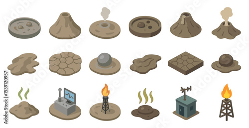 Volcano and geothermal icons set – isometric, filled, natural disaster symbols