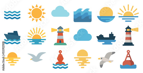 Nautical flat icons set – ocean, maritime, sea voyage symbols for design