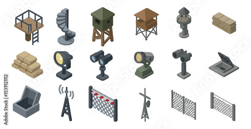 Military observation isometric icons set – surveillance, security, tower symbols