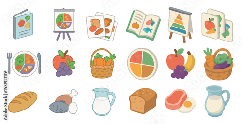 Nutrition and diet flat icons set – food, health, wellness symbols for planning