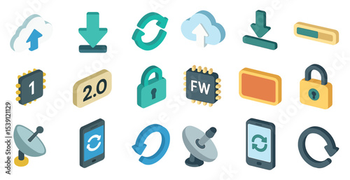 Technology and data icons set – isometric, cloud, security symbols for digital projects