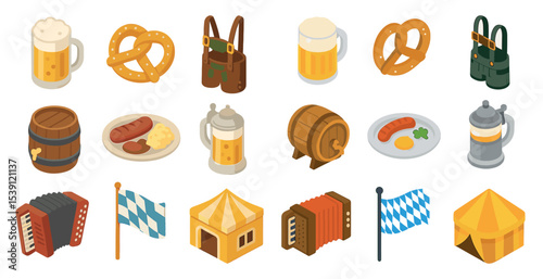 Oktoberfest isometric icons set - 3d, festival, beer and pretzel symbols