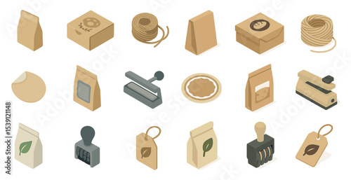 Eco-friendly packaging icons set – isometric, sustainable, recyclable symbols