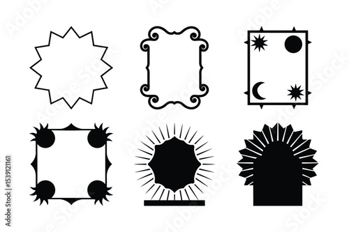 A decorative set of vintage round vector frames and tree silhouettes with sun icons for your business design