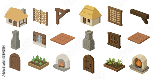 Vintage architecture icons set – isometric, pixel art, rustic house elements