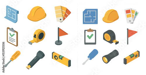 Construction tools isometric icons set – blueprint, equipment, industrial symbols