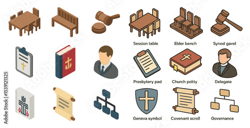 Church governance isometric icons set – solid, flat clergy and religious symbols