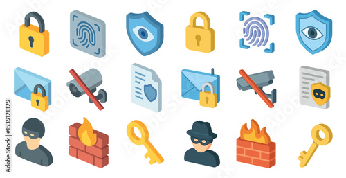 Security and privacy icons set – isometric, surveillance, protection symbols