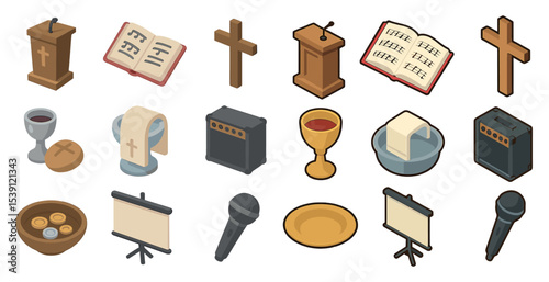 Church and worship icons set – isometric, faith, religious symbols collection