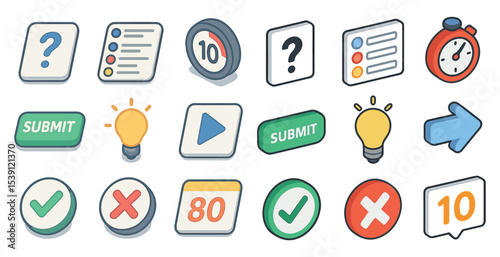 Quiz and assessment isometric icons set – 3d, education, test symbols and tools