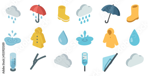 Weather and outdoors icons set – isometric, filled, climate and waterproof symbols