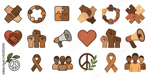 Diversity and unity flat icons set – silhouette, solidarity and inclusivity symbols