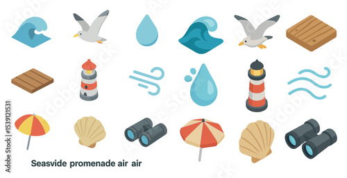 Seaside and beach isometric icons set – summer, coastal, ocean views collection