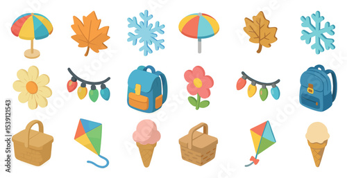 Seasonal and outdoor isometric icons set – flat, playful camping and holiday visuals