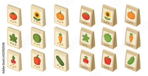 Gardening and plants isometric icons set – seeds, vegetables, and farming graphics