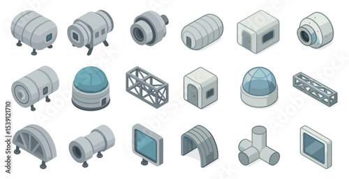 Space exploration isometric icons set – 3d, futuristic, technology symbols