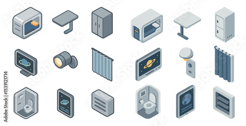 Modern interior isometric icons set – 3d, furniture, home decor graphics