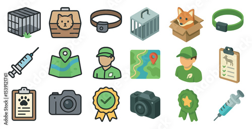 Pet and veterinary flat icons set – silhouette, animal care, clinic symbols
