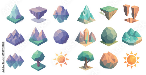 Nature and geometric isometric icons set – pixel art landscape design symbols