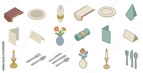 Dining and table isometric icons set – 3d, place setting, kitchen essentials