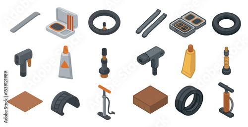 Bicycle repair isometric icons set – tools, maintenance, bike shop essentials
