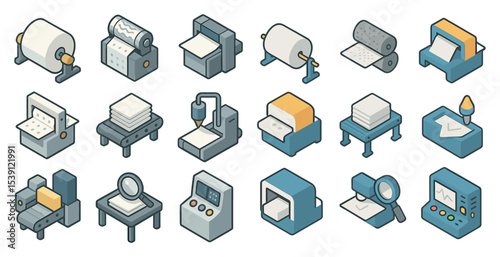 Printing and publishing isometric icons set – 3d, industrial, paper processing symbols